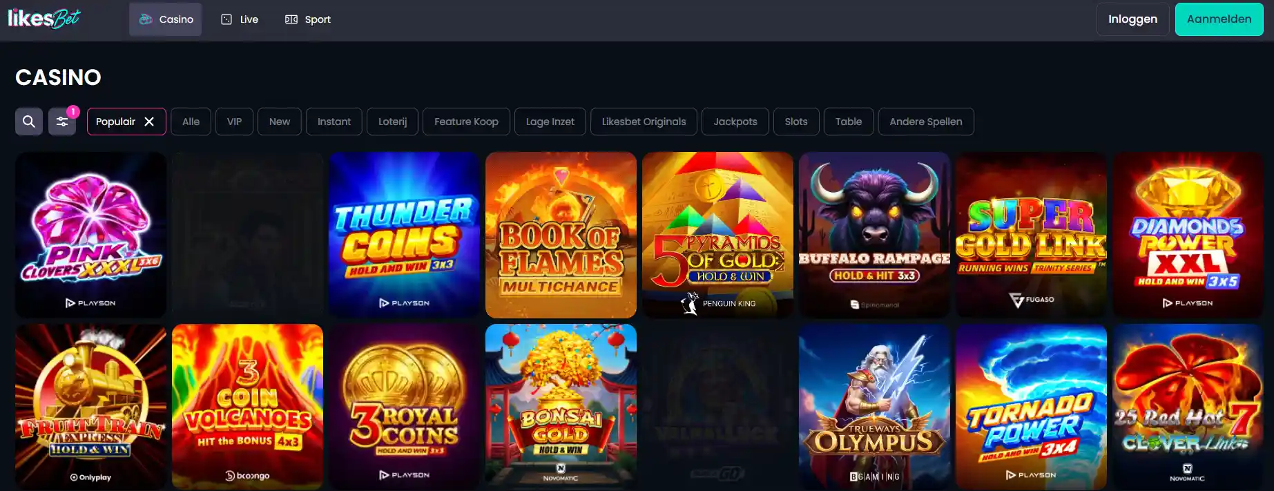 Likesbet spellobby met zichtbare categorieën voor slots, live casino en andere spellen
