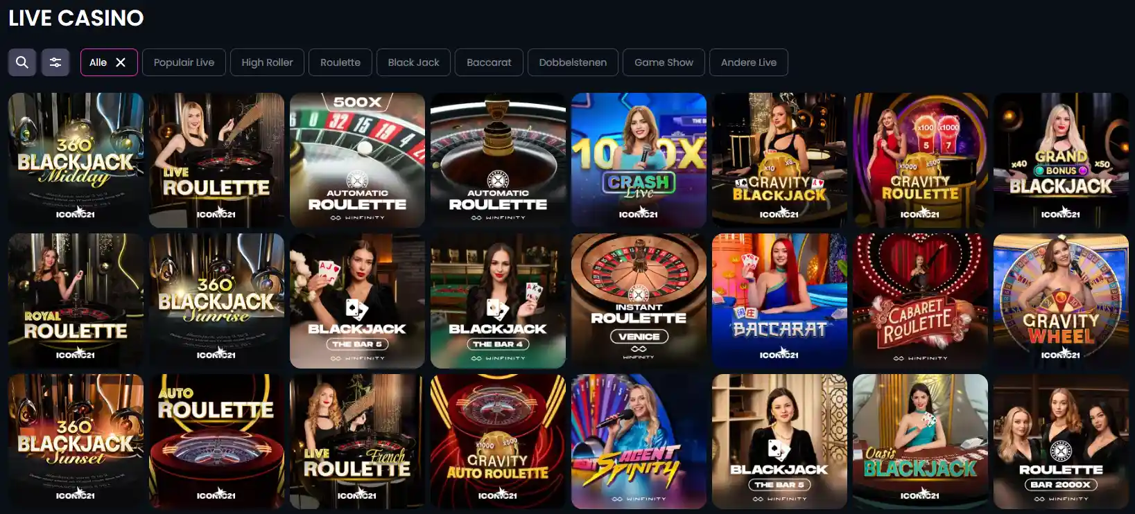 Actuele Likesbet live-casinolobby met zichtbare live casino-categorieën en filters op spelaanbieder