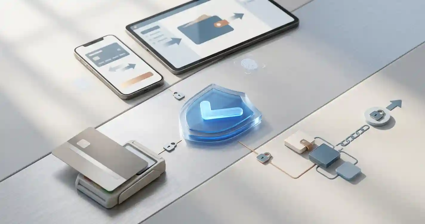 Illustratie van een veilige uitbetaling met bankkaart, digitale portemonnee en cryptovalutabetaling in een neutrale weergave, vrij van merknamen en concrete bedragen