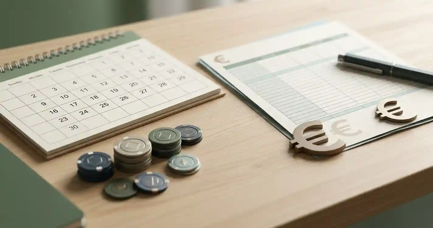 Educatieve illustratie van maandelijkse kansspelbelasting met kalender, rekenblad en neutrale euro-symboliek, vrij van casinologo en concrete bedragen